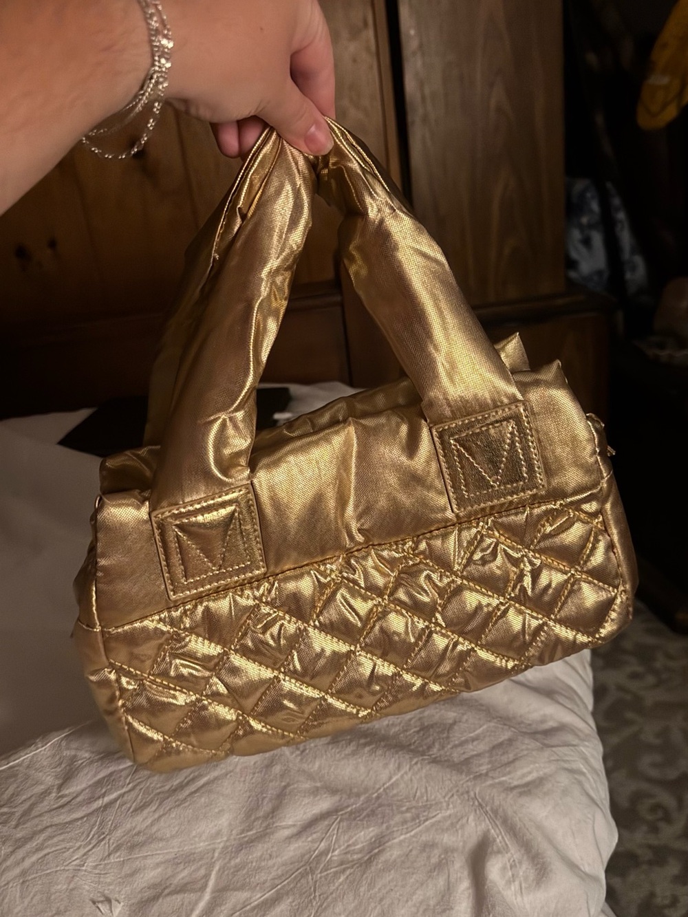 Avon Metallic Gold Quilted Mini Top-Handle Bag